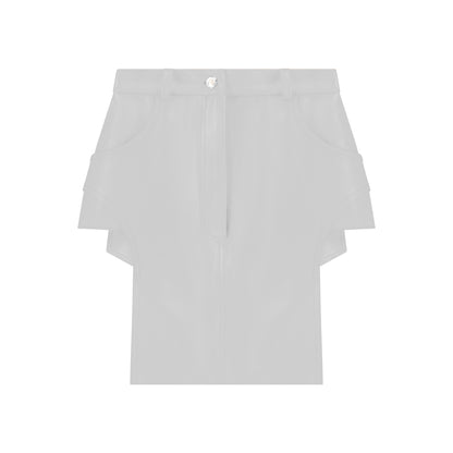 ÚCHÈ White Faux Leather Cut Out Skirt - Stylish mini skirt featuring cut-outs on both sides, complete with metallic button and zipper closure for a chic look.