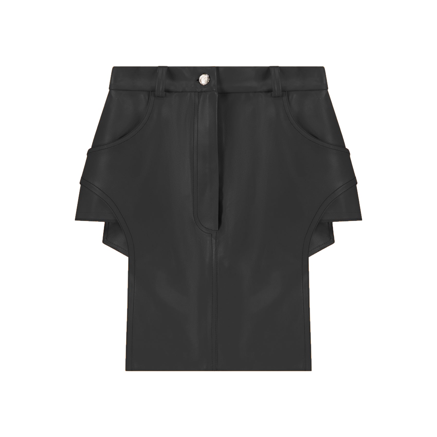 ÚCHÈ Black Faux Leather Cut Out Skirt - Trendy mini skirt featuring stylish cut-outs on both sides, black stitching detail, and metallic button and zipper closure for a modern touch.