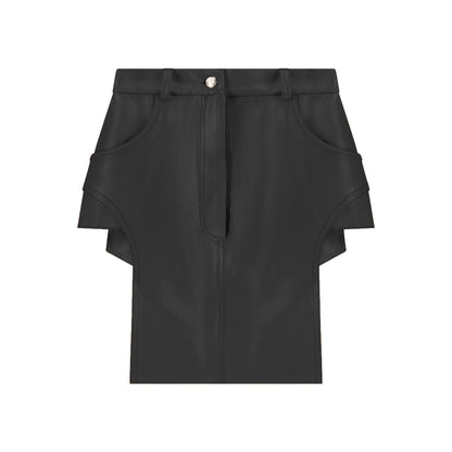 ÚCHÈ Black Faux Leather Cut Out Skirt - Trendy mini skirt featuring stylish cut-outs on both sides, black stitching detail, and metallic button and zipper closure for a modern touch.