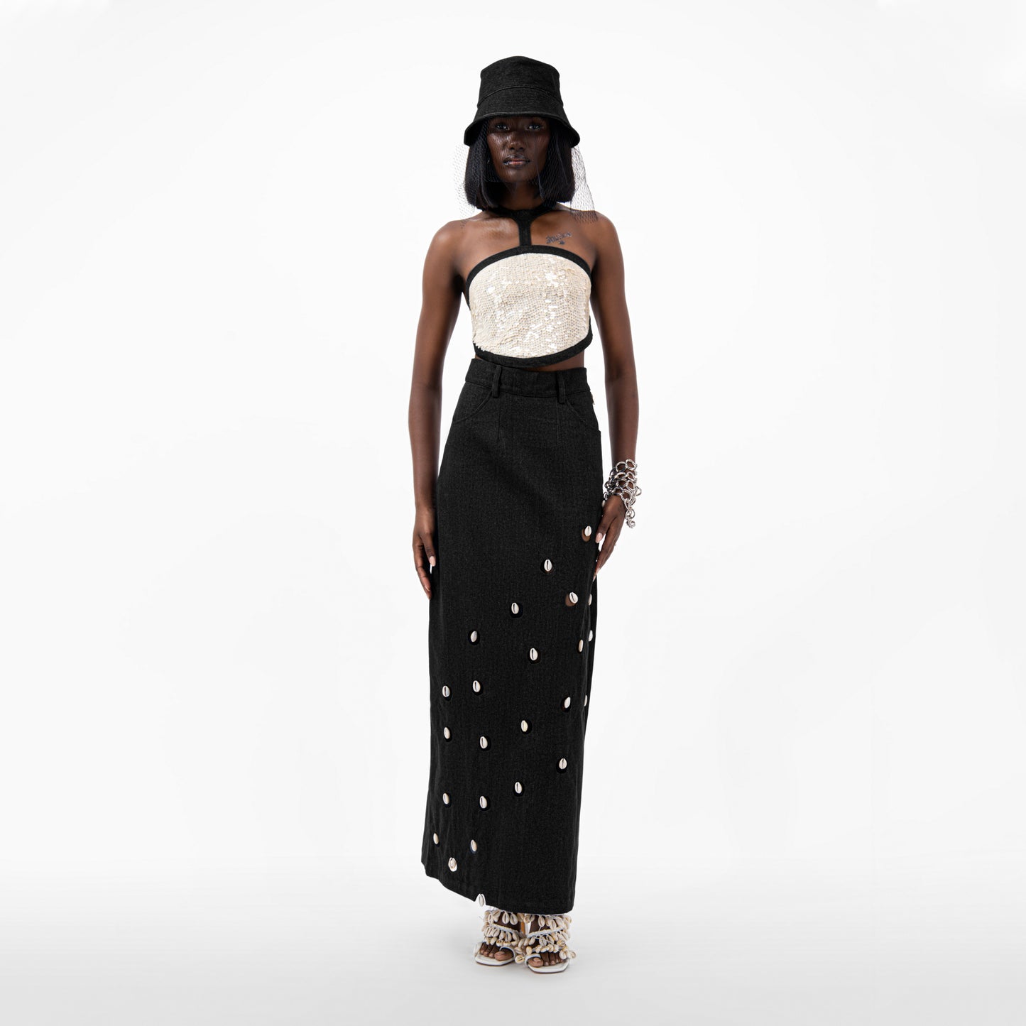 Cowrie Detail Denim Maxi Skirt - Black