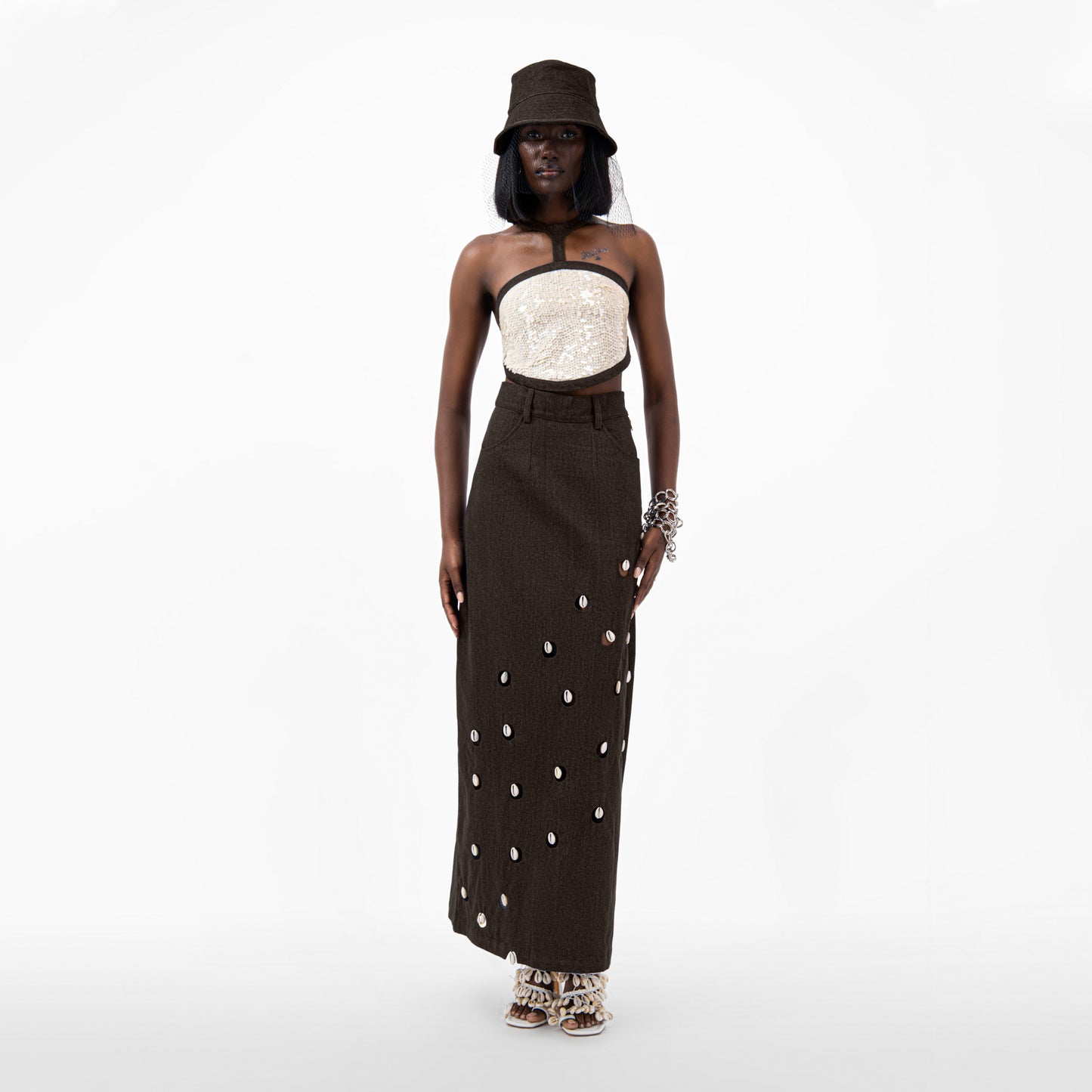 Cowrie Detail Denim Maxi Skirt - Brown
