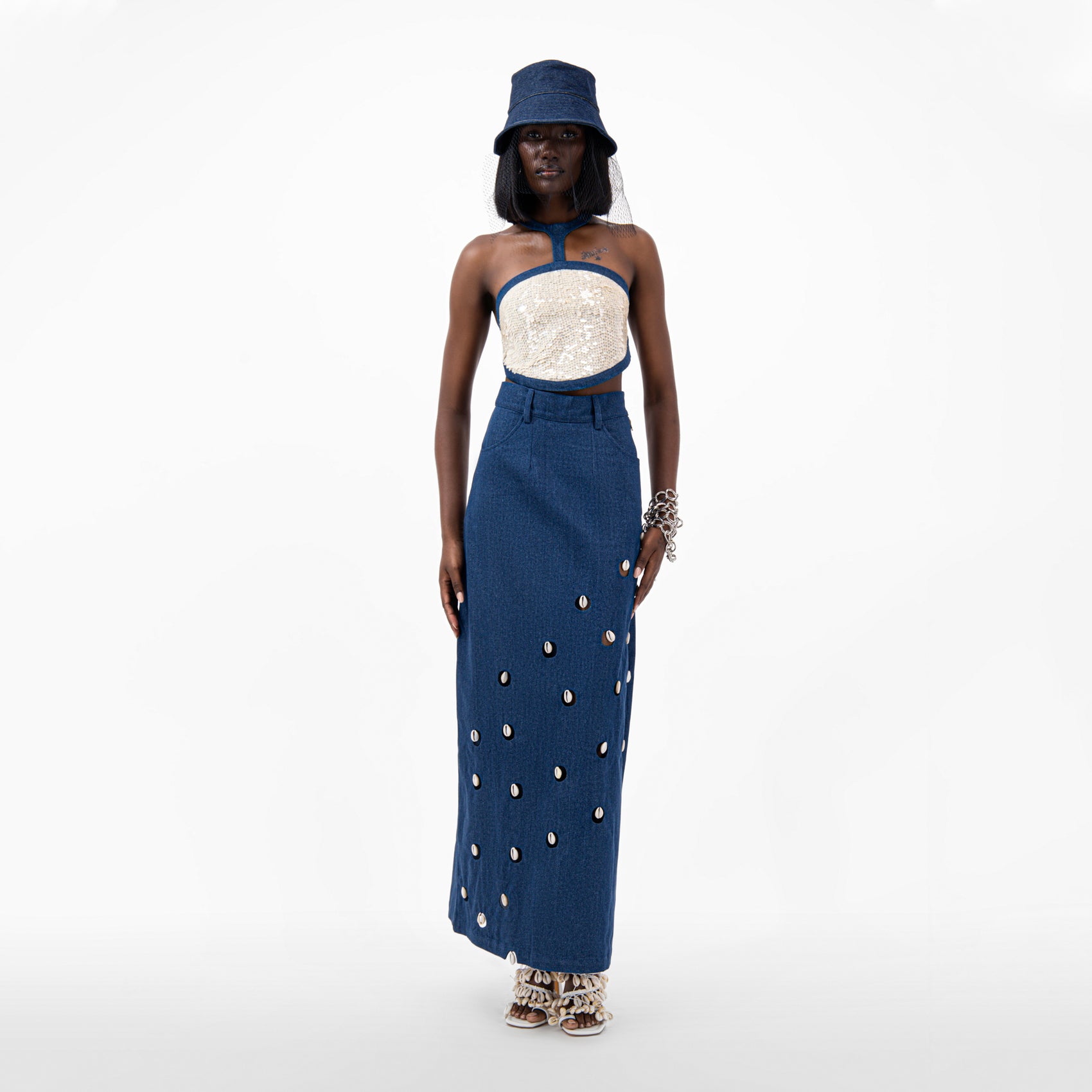 Cowrie Detail Denim Maxi Skirt