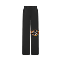 ÚCHÈ Black Faux Leather Flower Detail Pants - Stylish black straight-cut pants featuring a unique cut-out flower detail outlined in orange faux leather. Equipped with a clasp and zipper closure for a secure fit