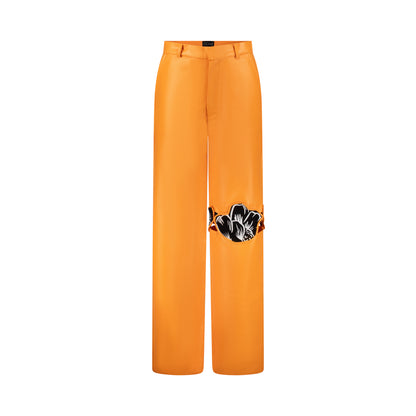 Orange Faux Leather Flower Detail Pants