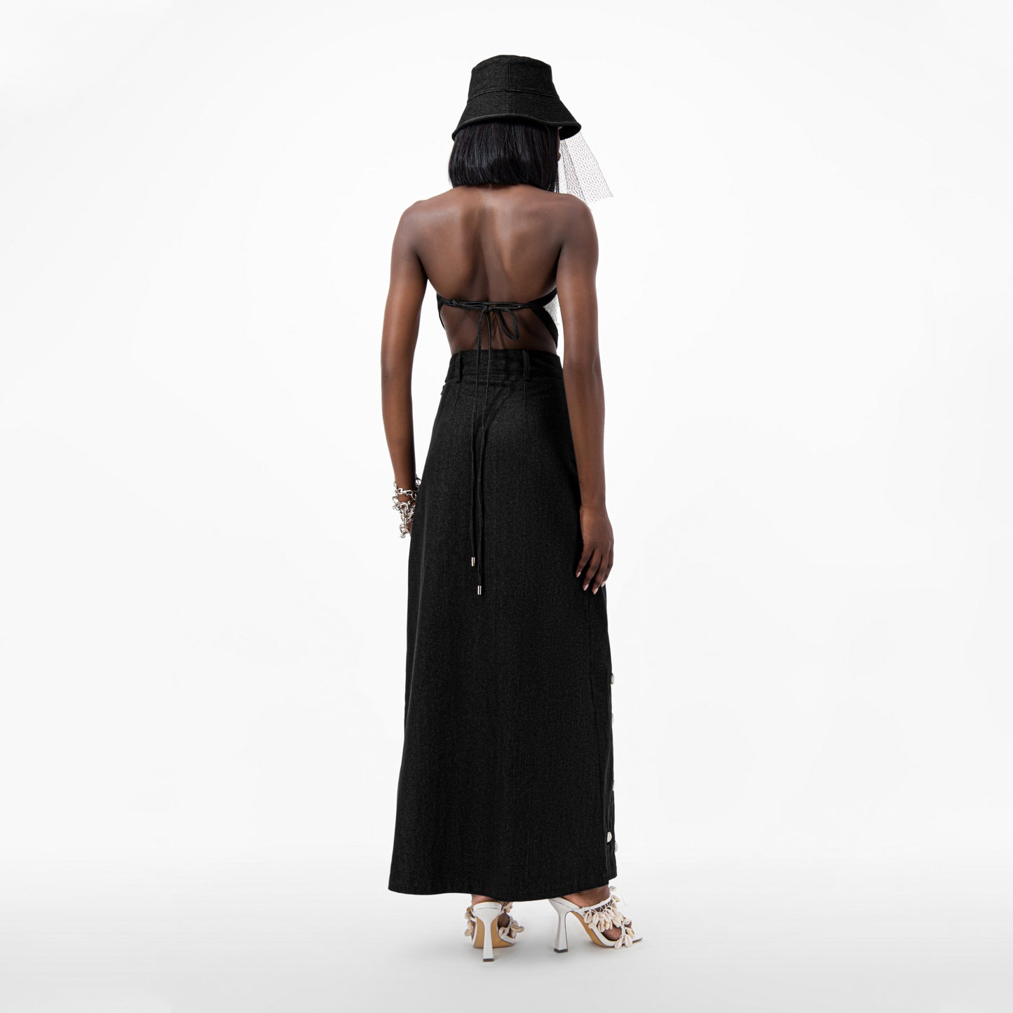 Cowrie Detail Denim Maxi Skirt - Black