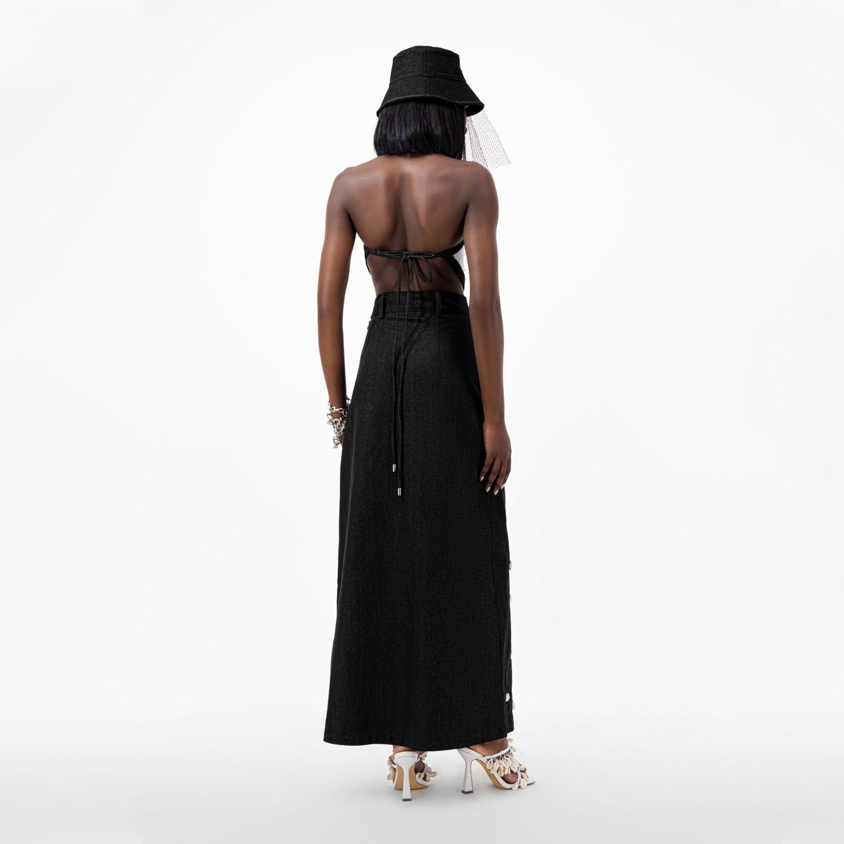 Cowrie Detail Denim Maxi Skirt - Black