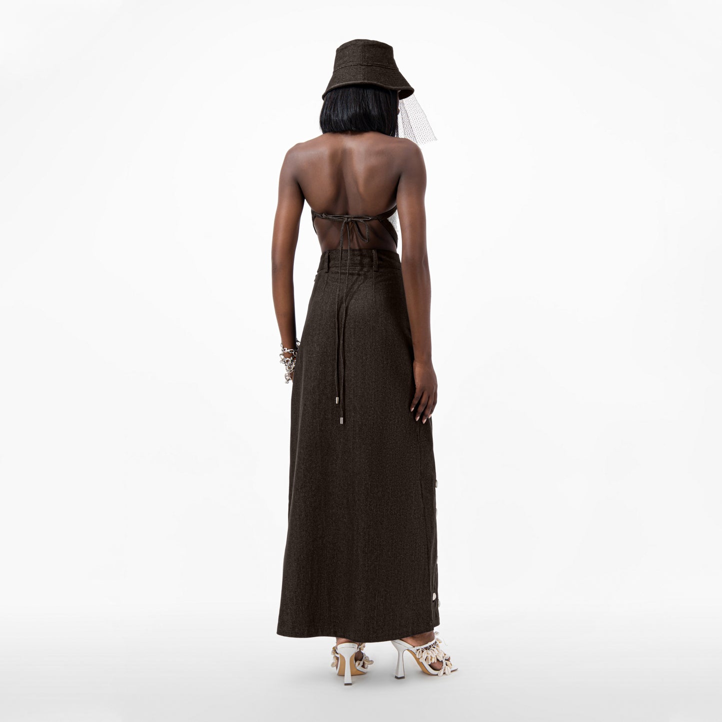 Cowrie Detail Denim Maxi Skirt - Brown
