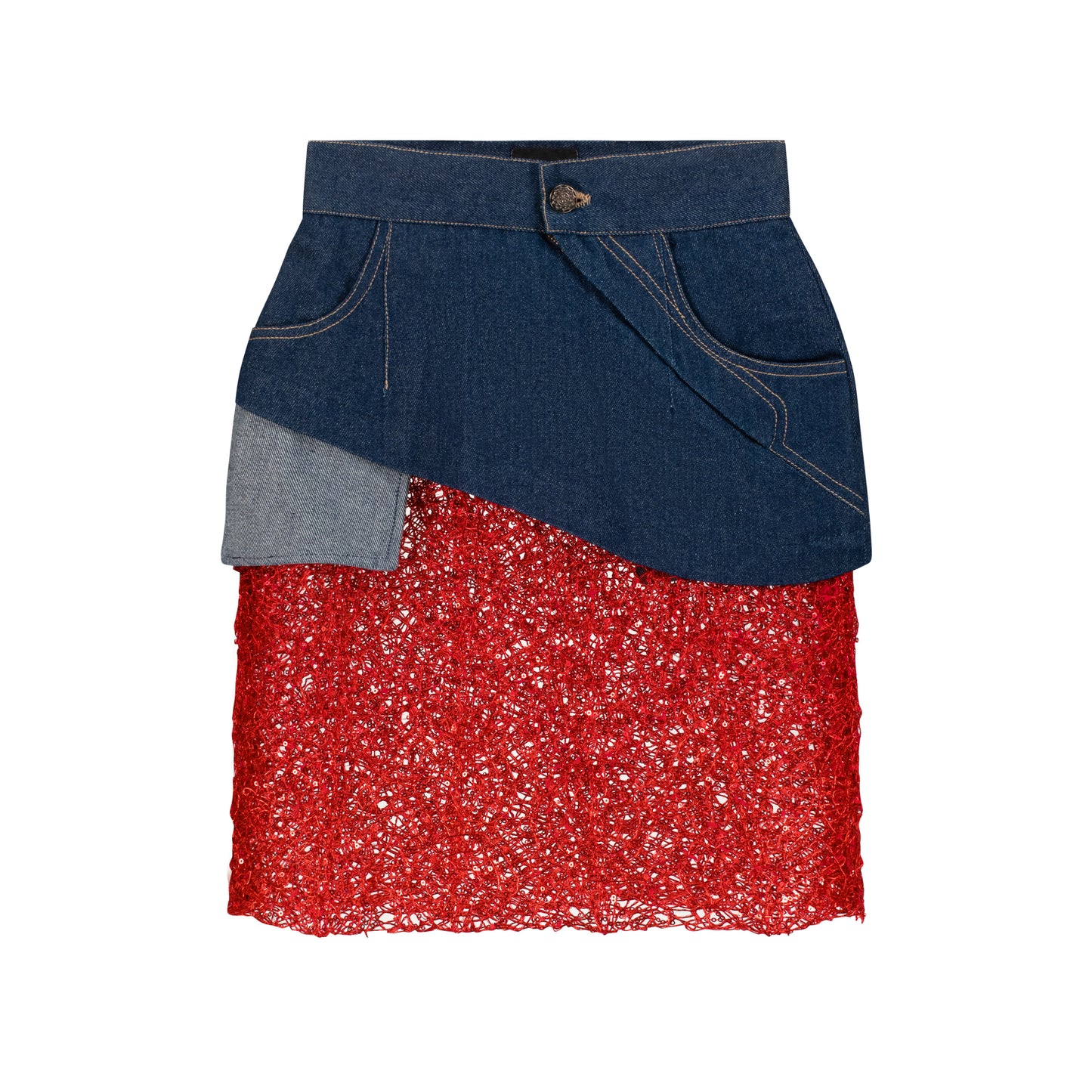 Denim Red Lace Mini Skirt