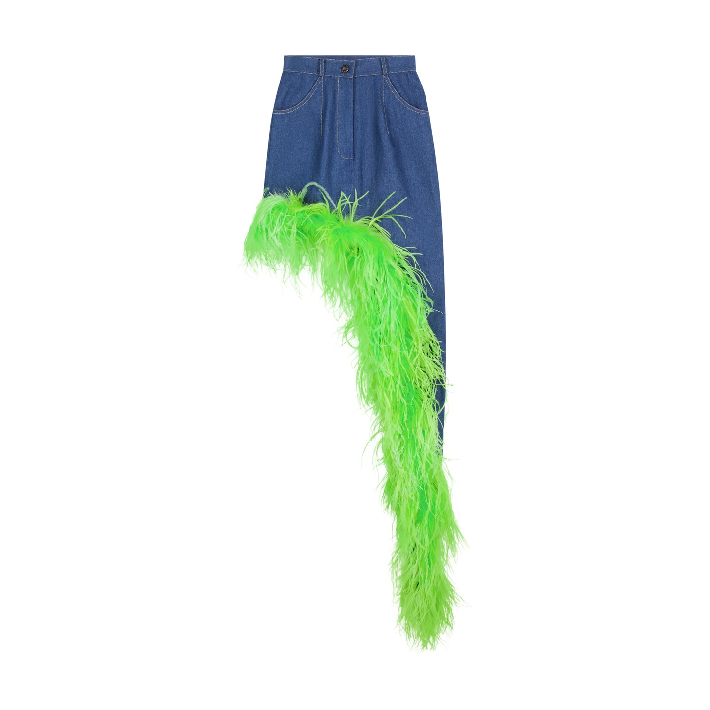 Denim Asymmetrical Feather Trim Skirt