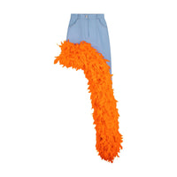 Washed Blue Denim Asymmetrical Orange Feather Trim Skirt