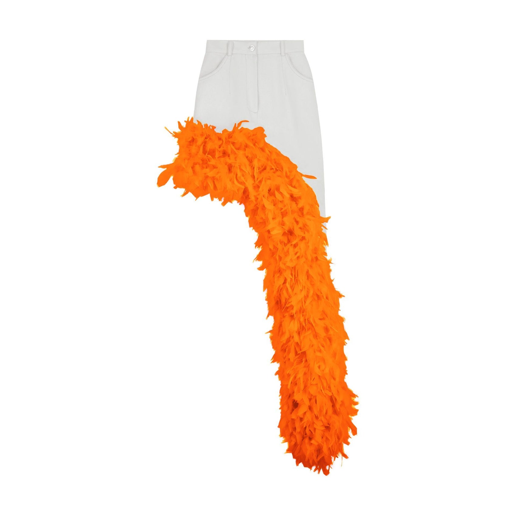 White Denim Asymmetrical Orange Feather Trim Skirt