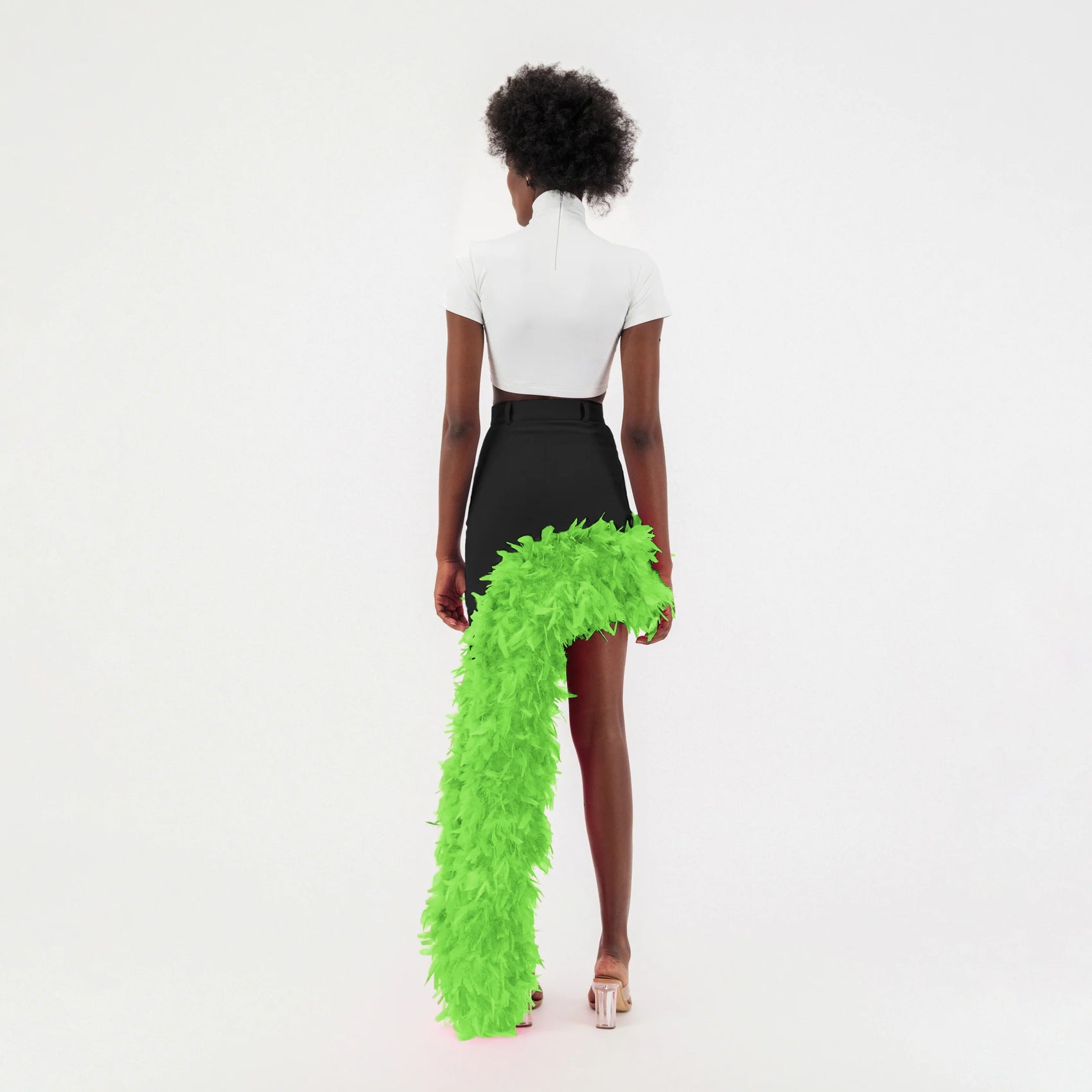 Black Denim Asymmetrical Green Feather Trim Skirt