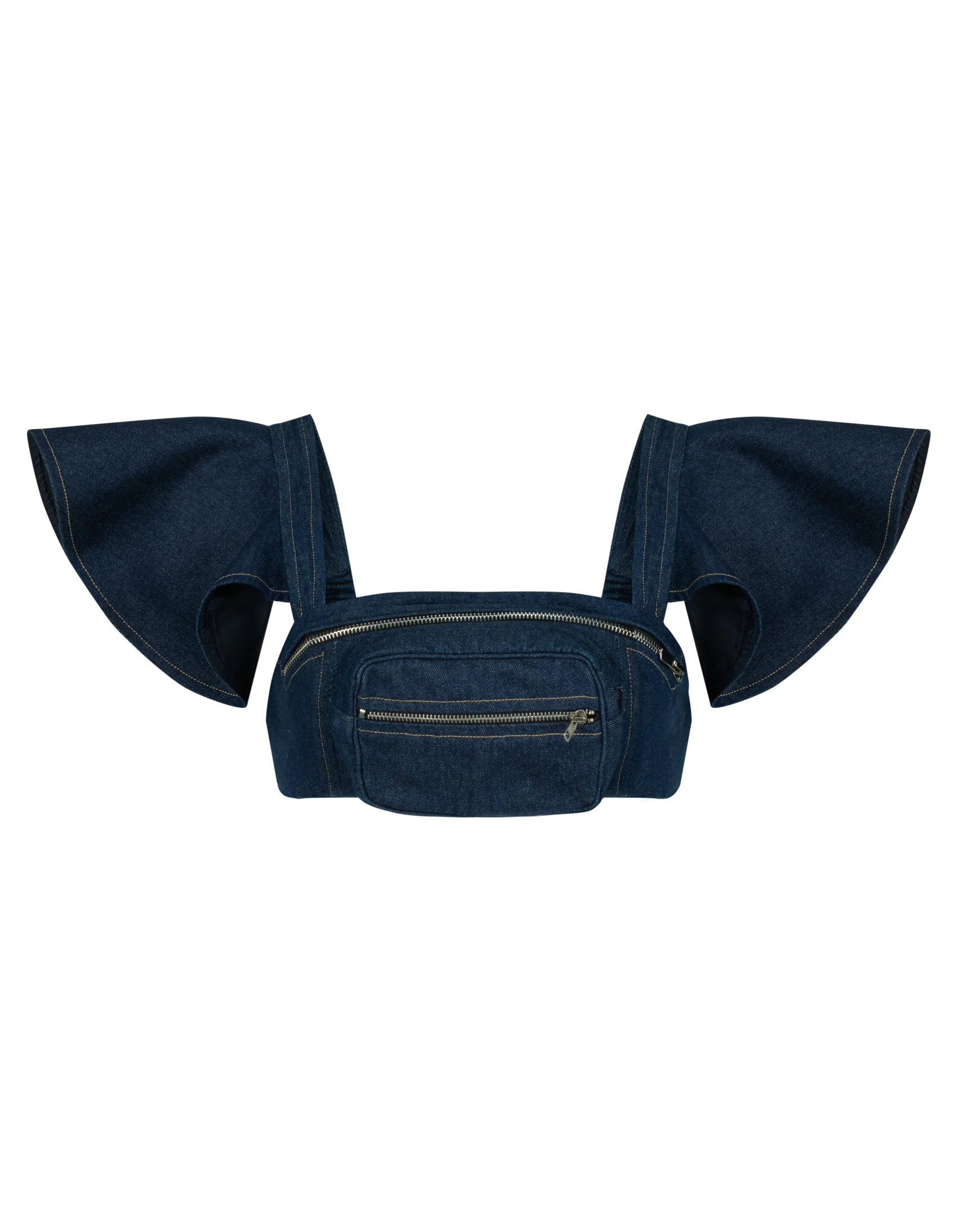 Blue denim waist bag  Crop Top For women with large bow-like shoulder straps on a white background