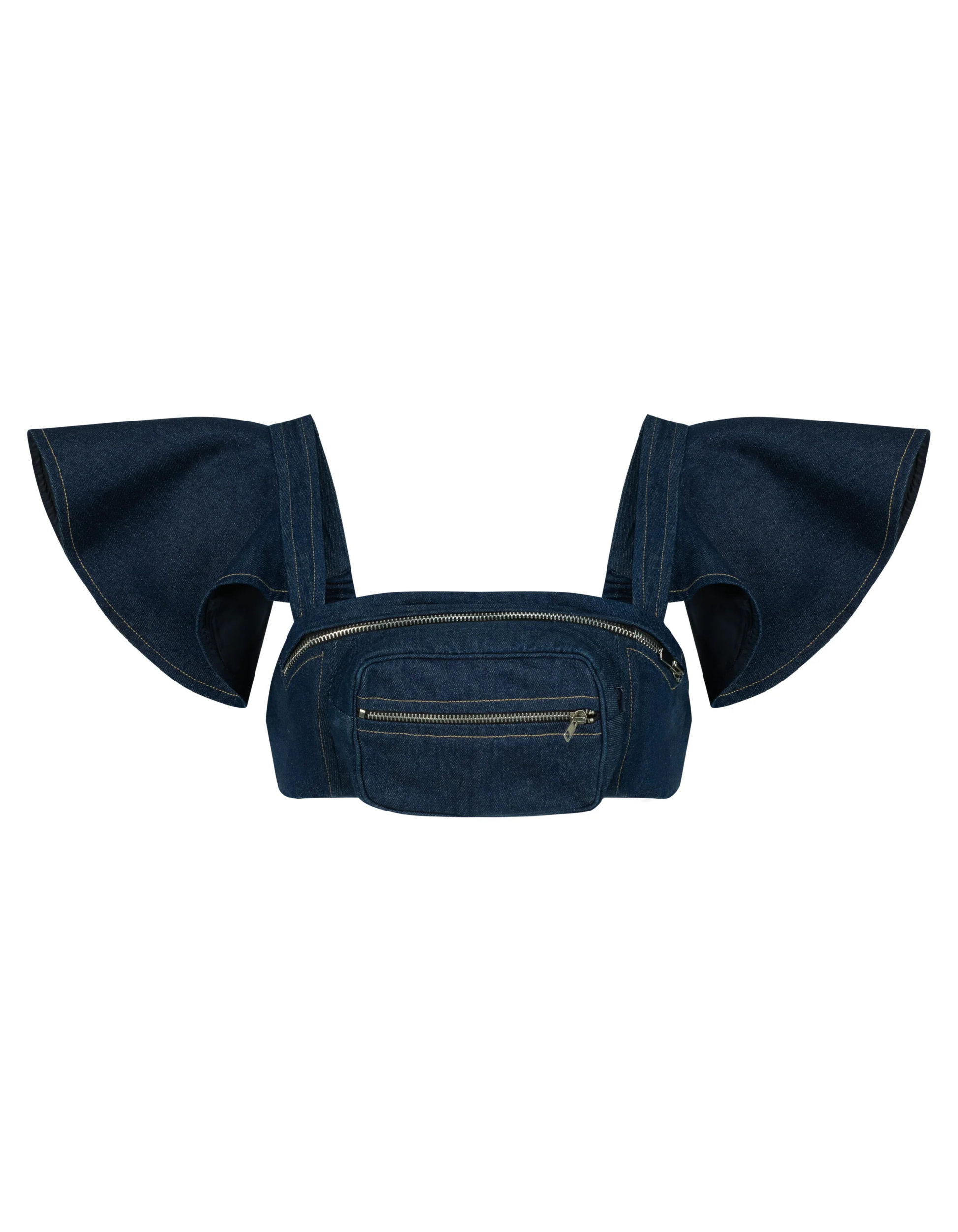 Blue denim waist bag  Crop Top For women with large bow-like shoulder straps on a white background