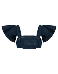 Blue denim waist bag  Crop Top For women with large bow-like shoulder straps on a white background
