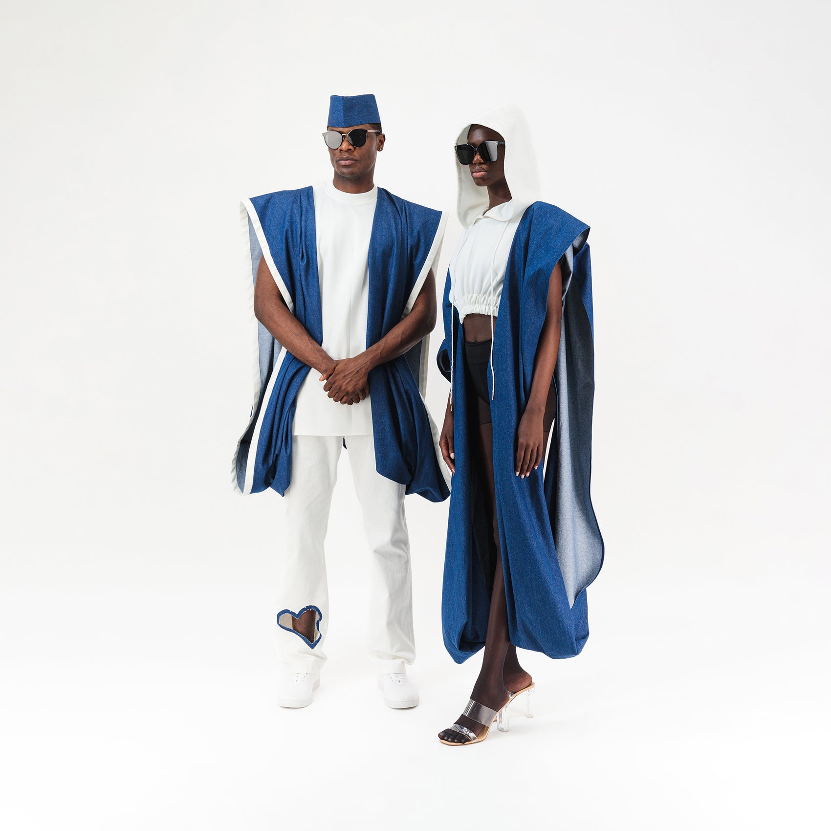 Denim Agbada Sleeves Crop Hoodie