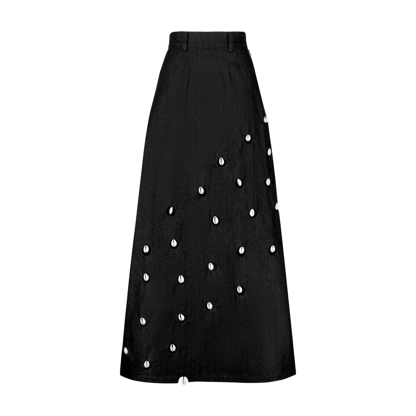 Cowrie Detail Denim Maxi Skirt - Black