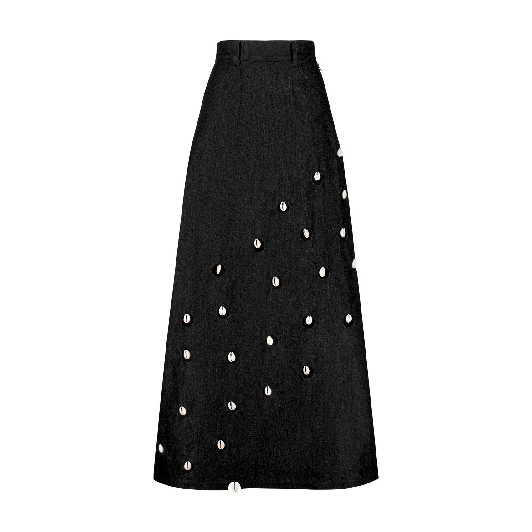 Cowrie Detail Denim Maxi Skirt - Black