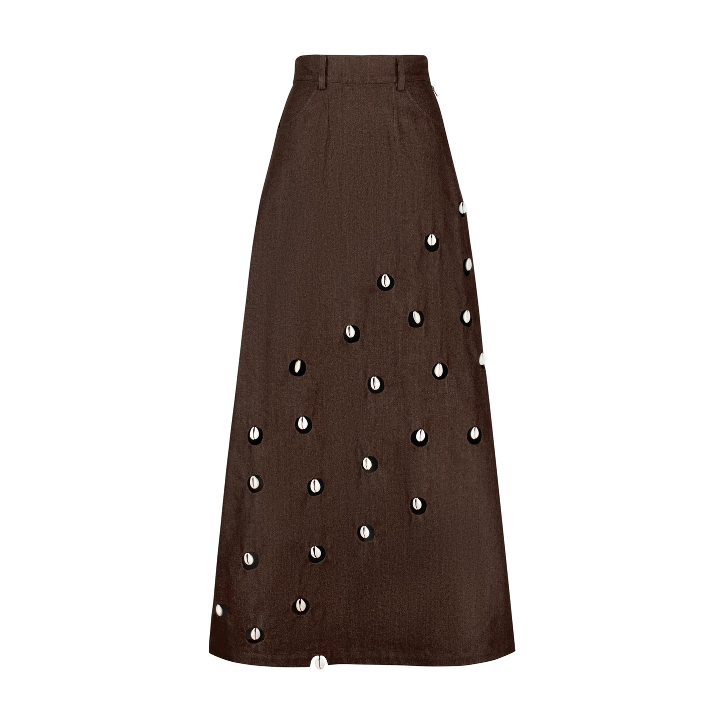 Cowrie Detail Denim Maxi Skirt - Brown
