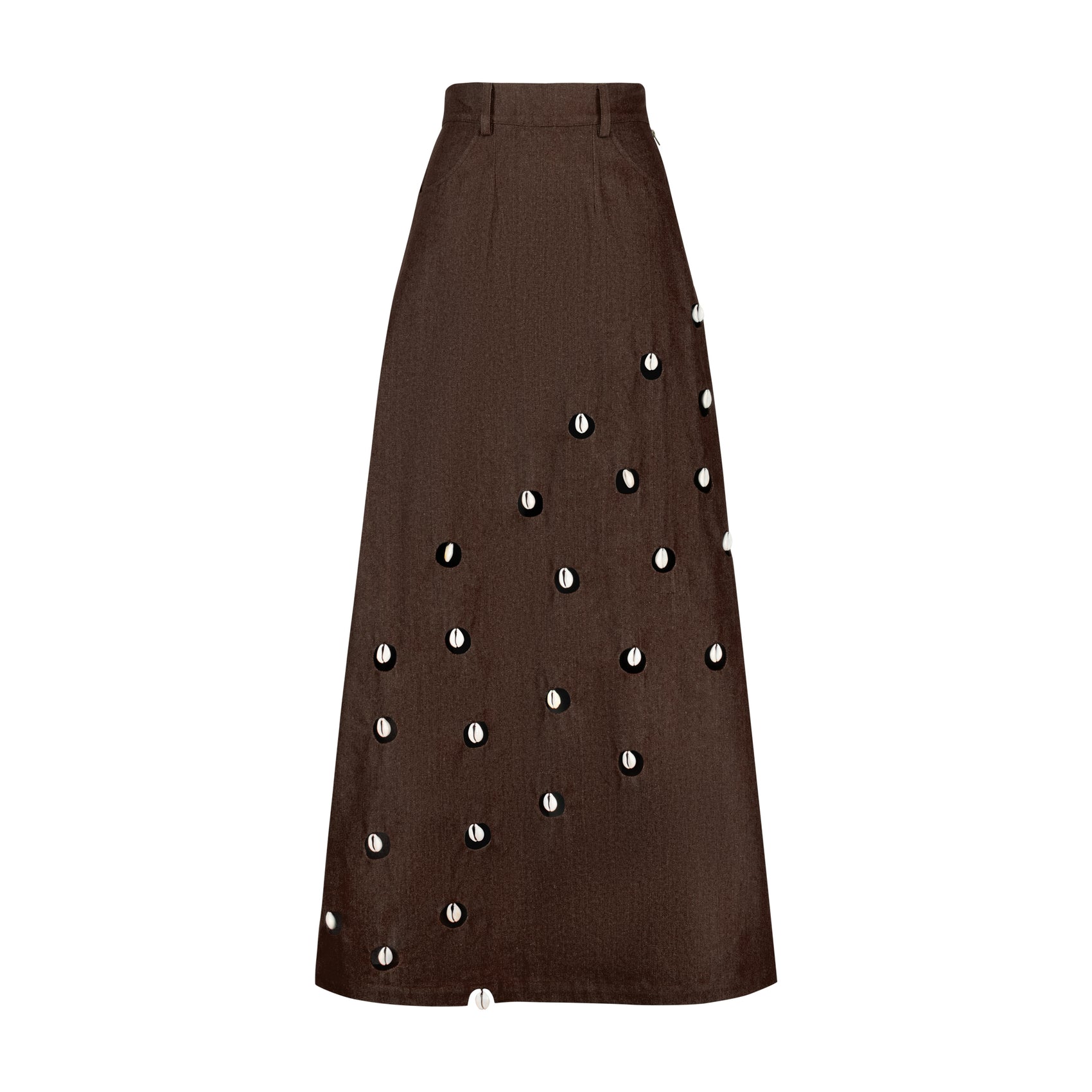 Cowrie Detail Denim Maxi Skirt - Brown