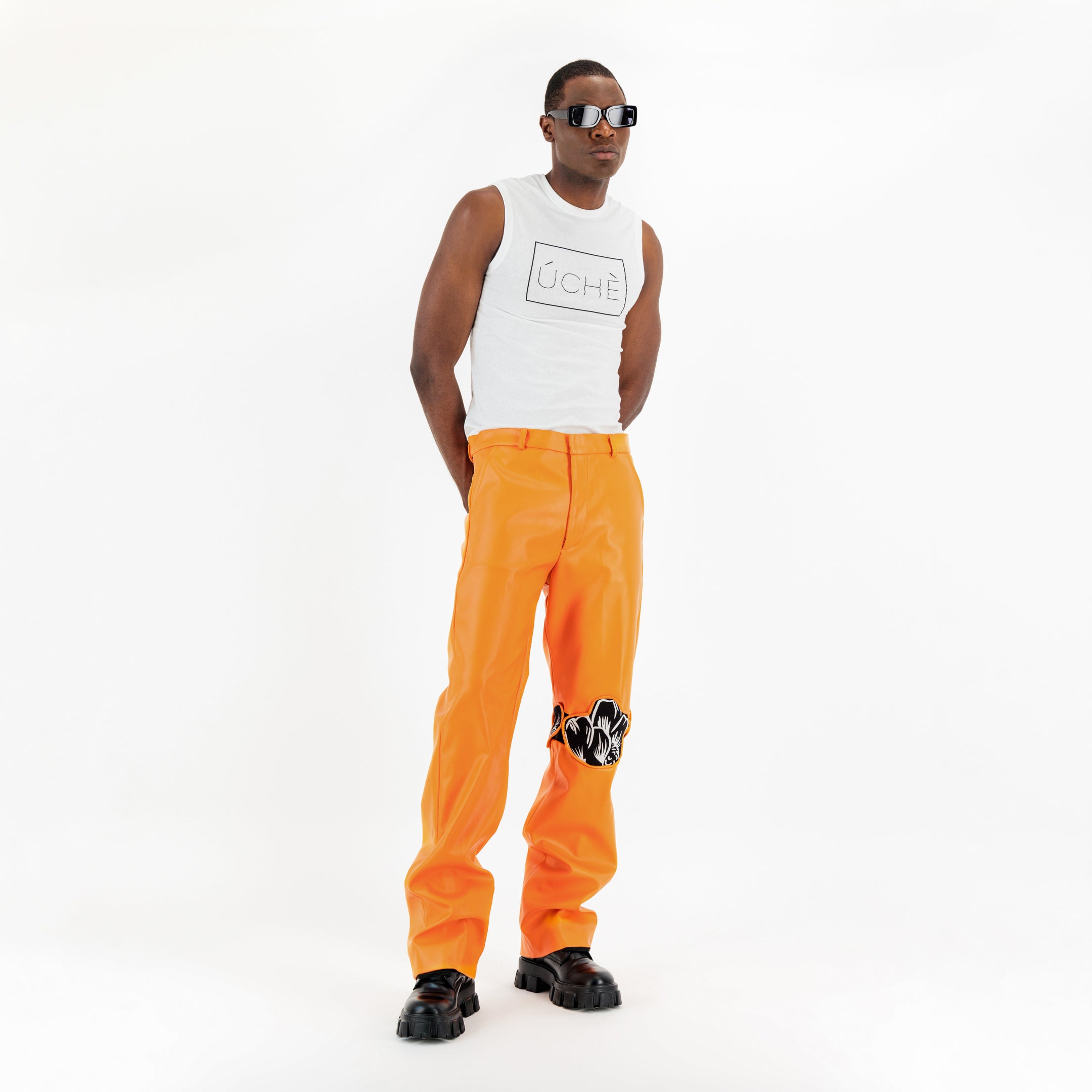 Orange Faux Leather Flower Detail Pants – ÚCHÈ Fashion Brand