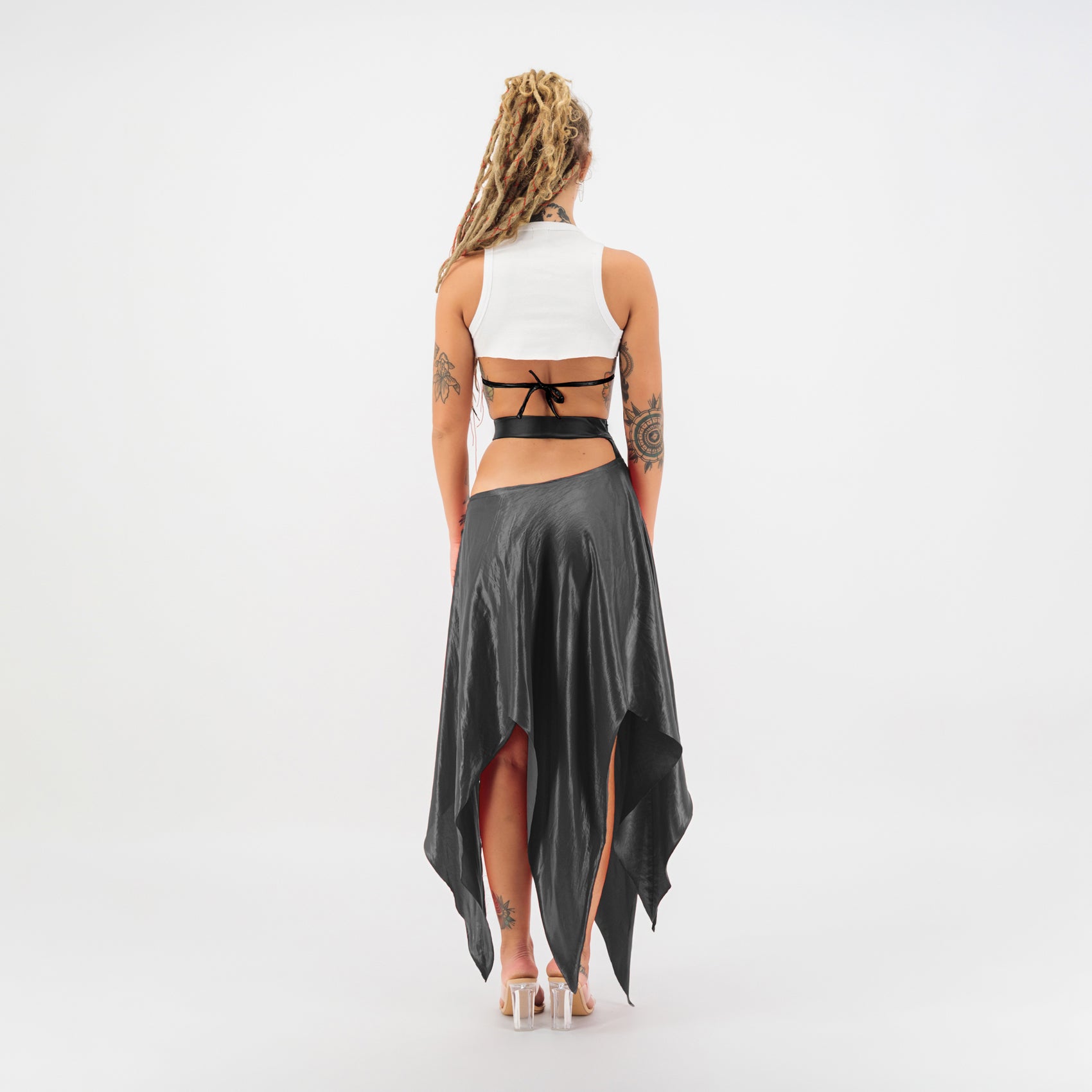Satin Cut Out Maxi Skirt in Black
