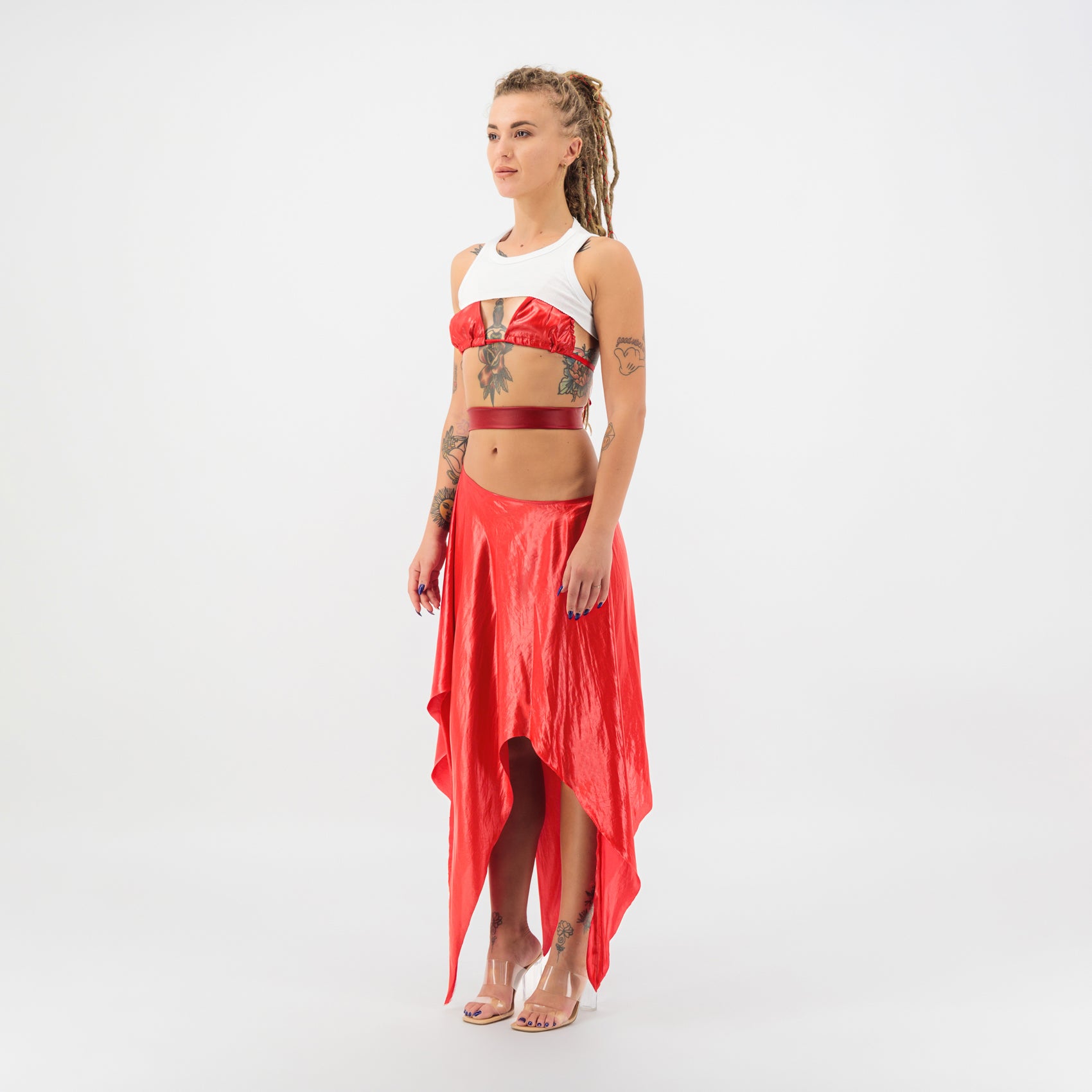 Satin Cut Out Maxi Skirt in Red