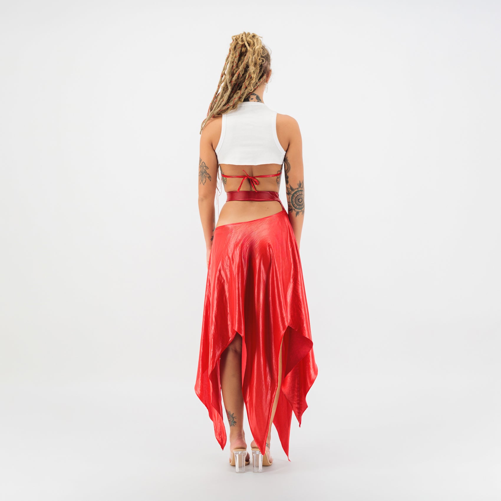 Satin Cut Out Maxi Skirt in Red