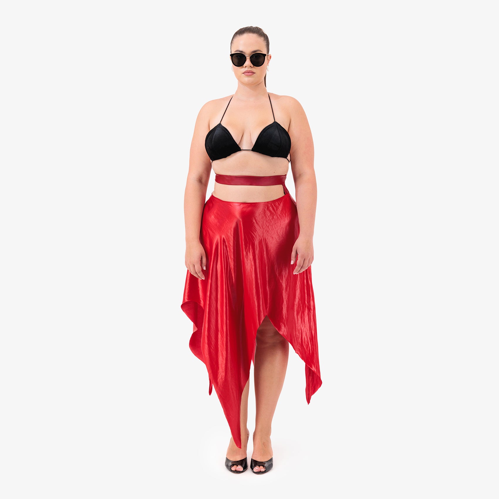 Satin Cut Out Maxi Skirt in Red