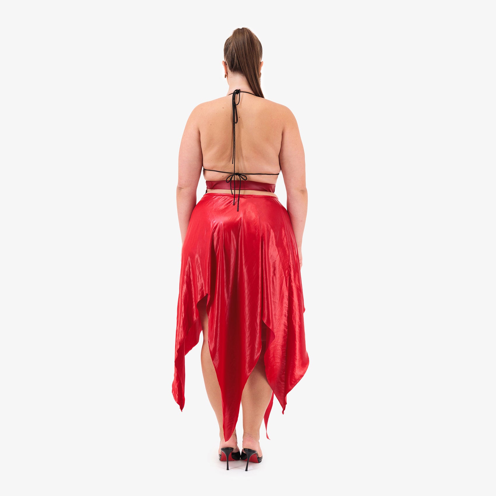 Satin Cut Out Maxi Skirt in Red