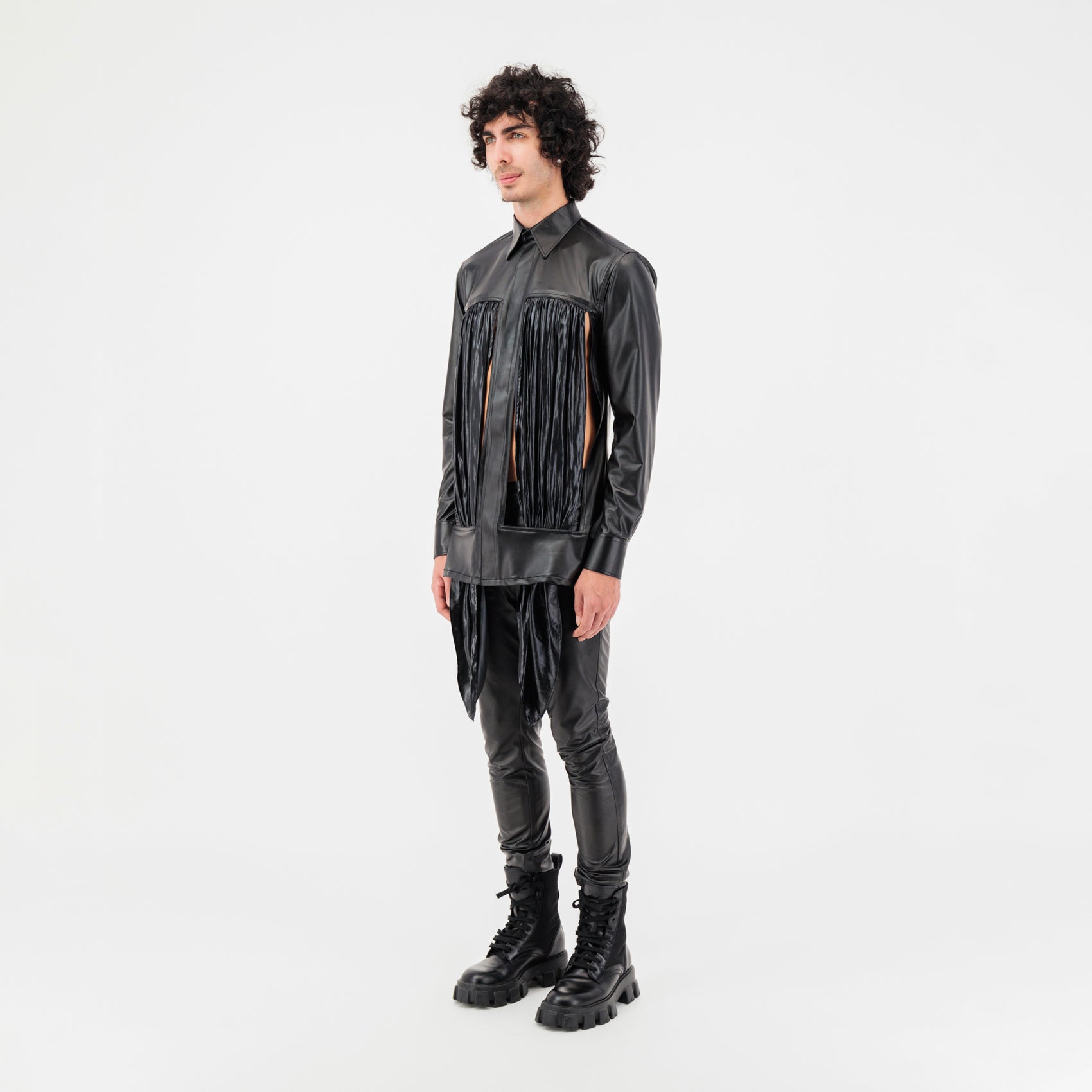Satin draping cut-out shirt in Black