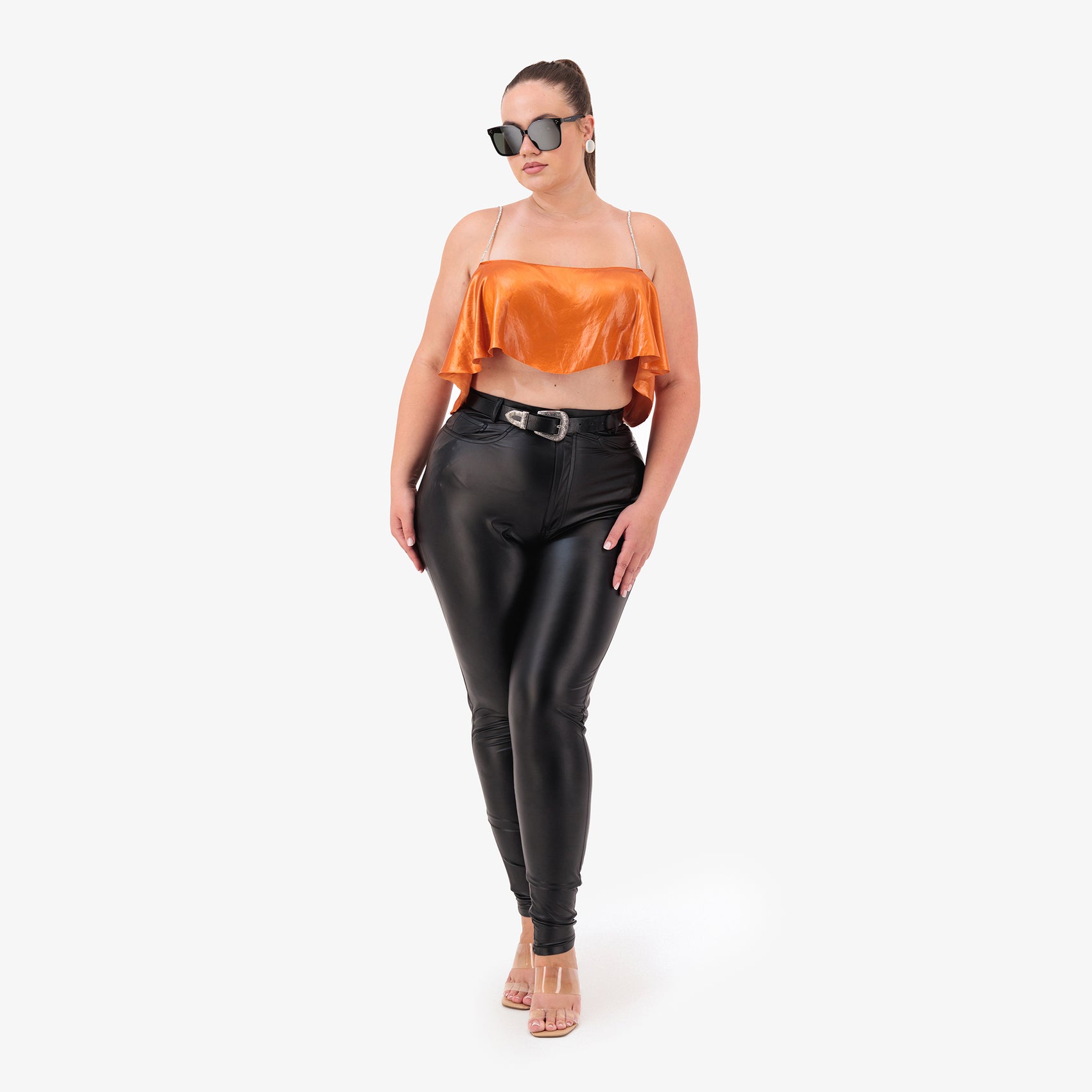 ÚCHÈ Tailored Faux Leather Leggings with Metallic Details