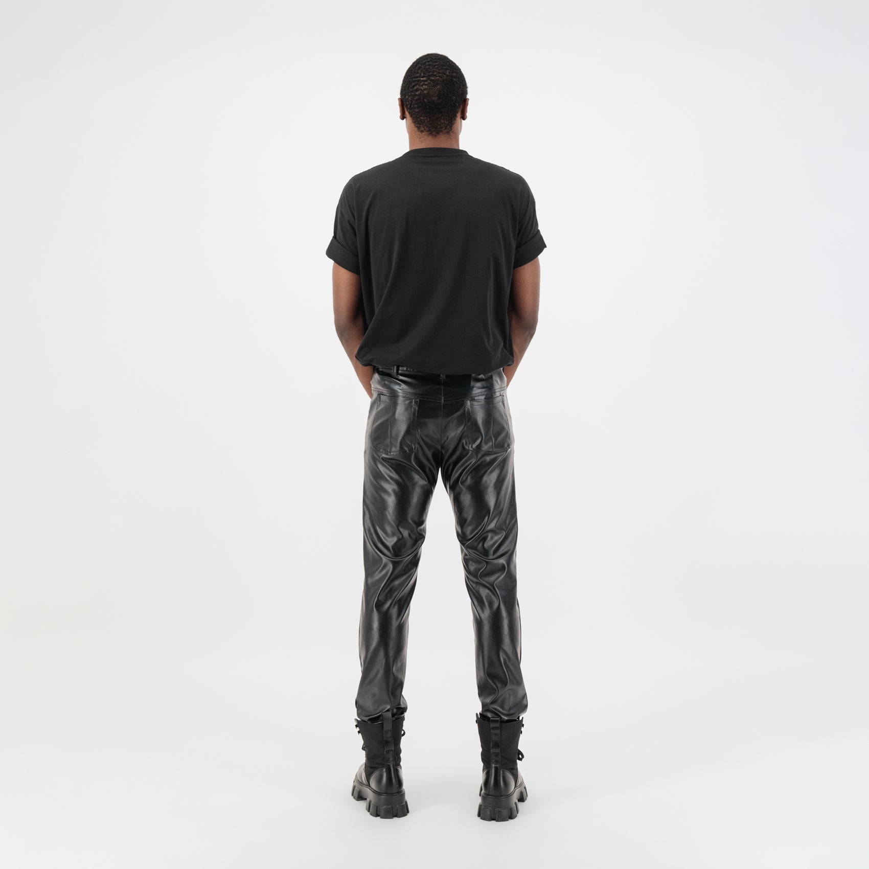 ÚCHÈ Tailored Faux Leather Pants with Metallic Detailing
