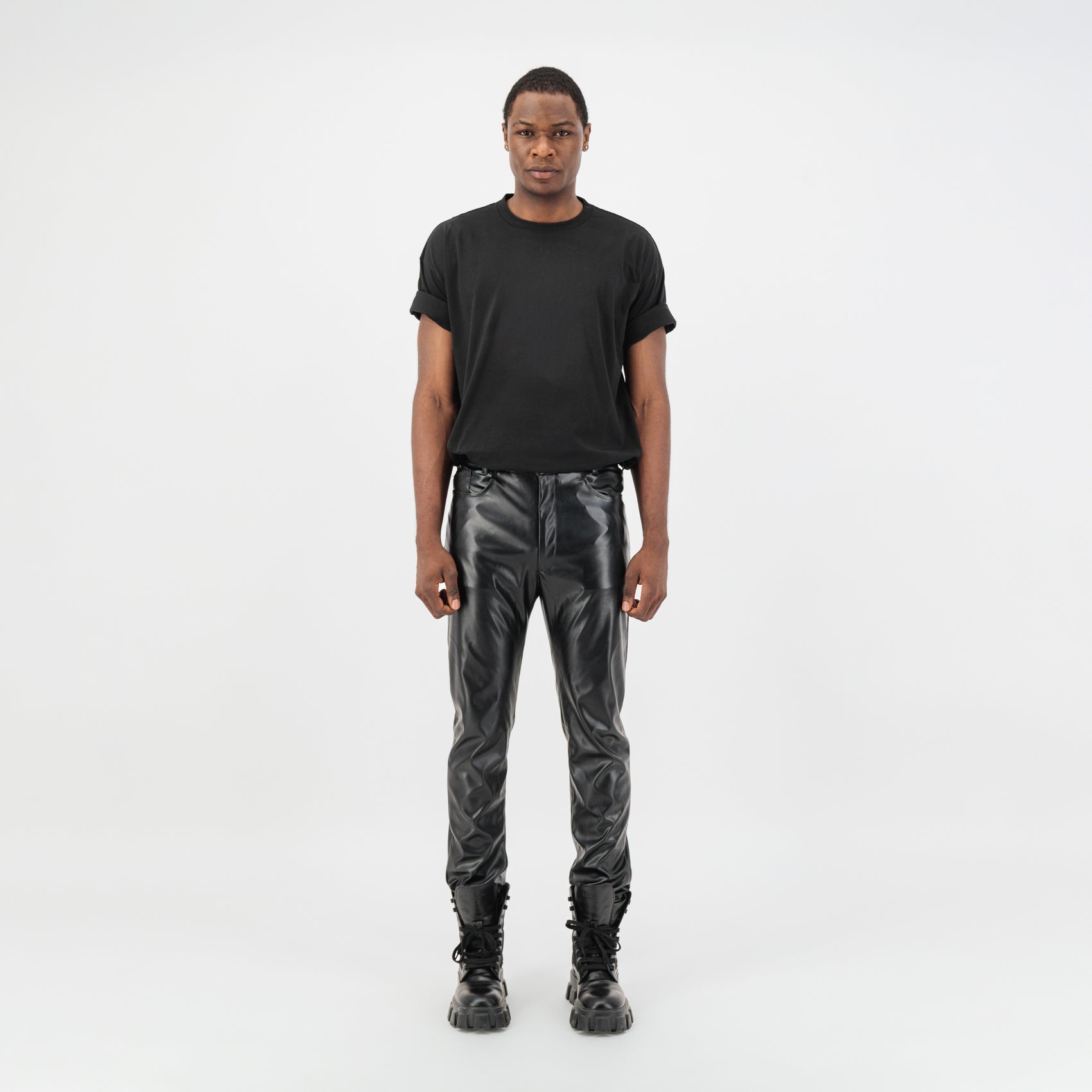 ÚCHÈ Tailored Faux Leather Pants with Metallic Detailing