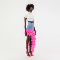 Washed Blue Denim Asymmetrical Pink Feather Trim Skirt.