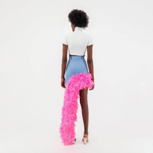 Washed Blue Denim Asymmetrical Pink Feather Trim Skirt.