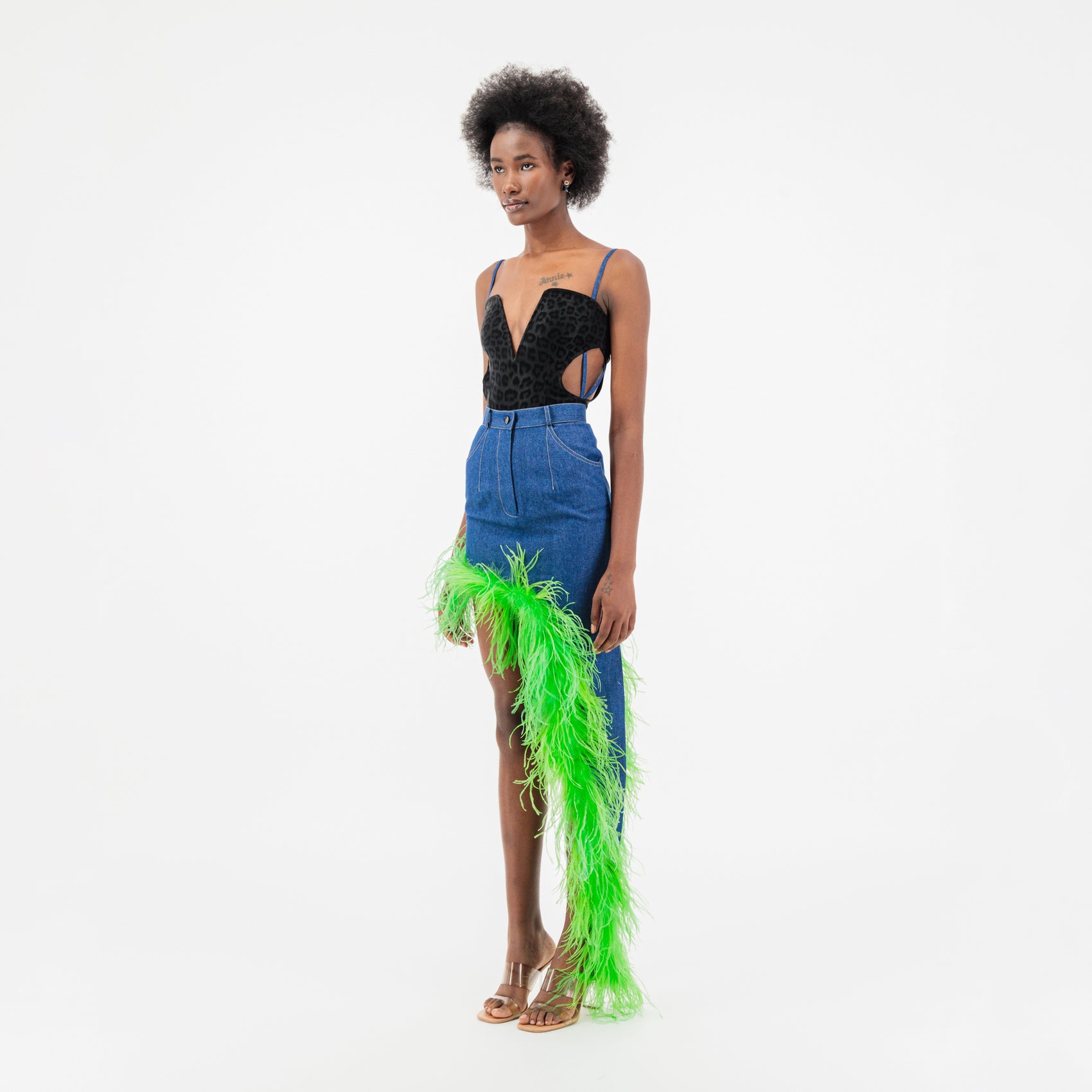 Denim Asymmetrical Feather Trim Skirt