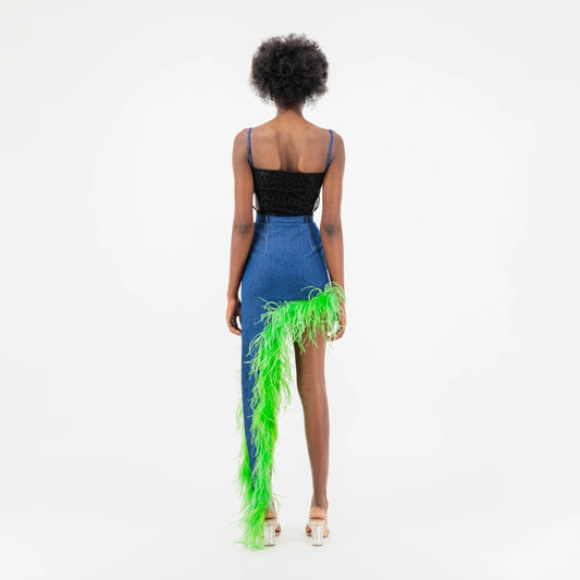 Blue Denim Asymmetrical Green Feather Trim Skirt