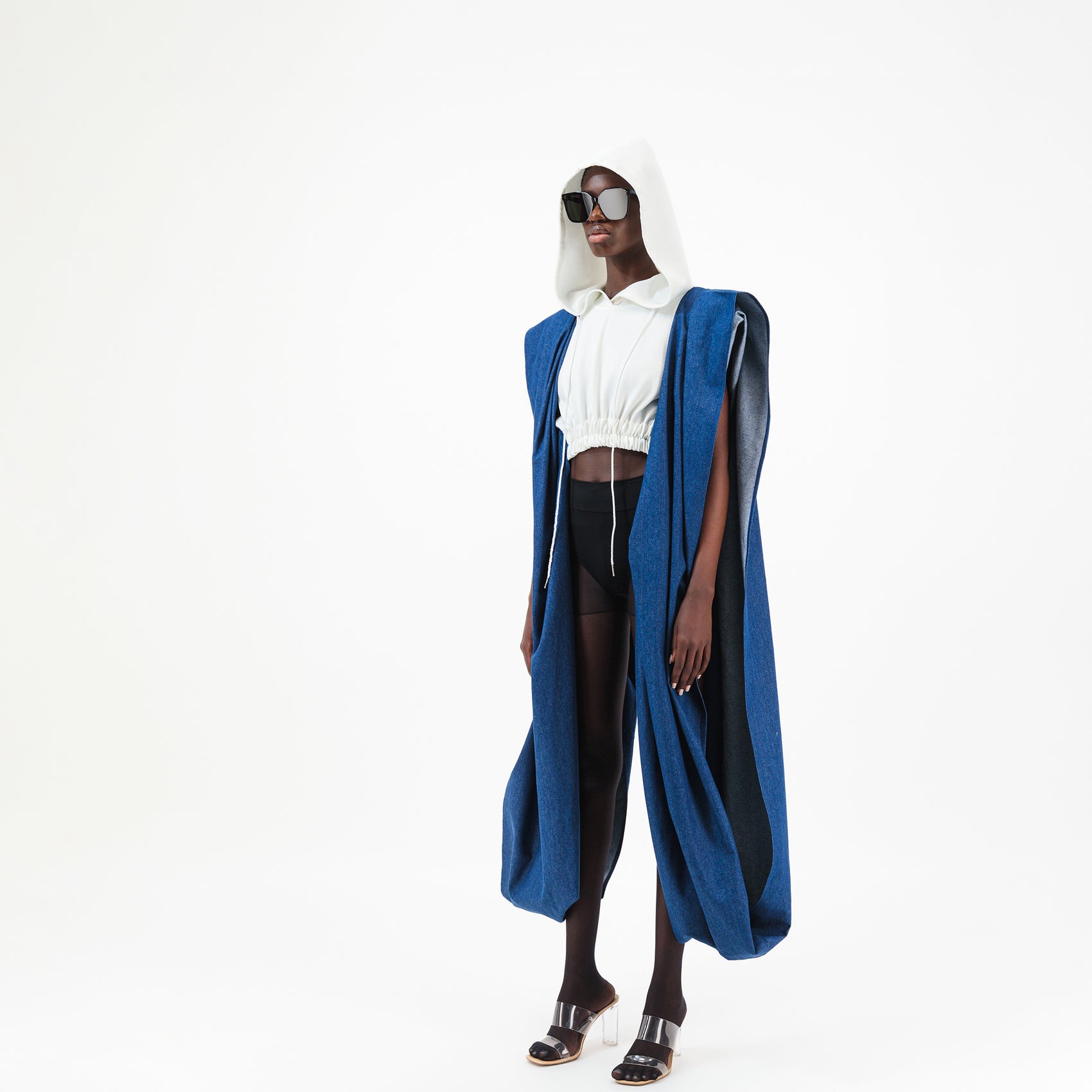 Denim Agbada Sleeves Crop Hoodie