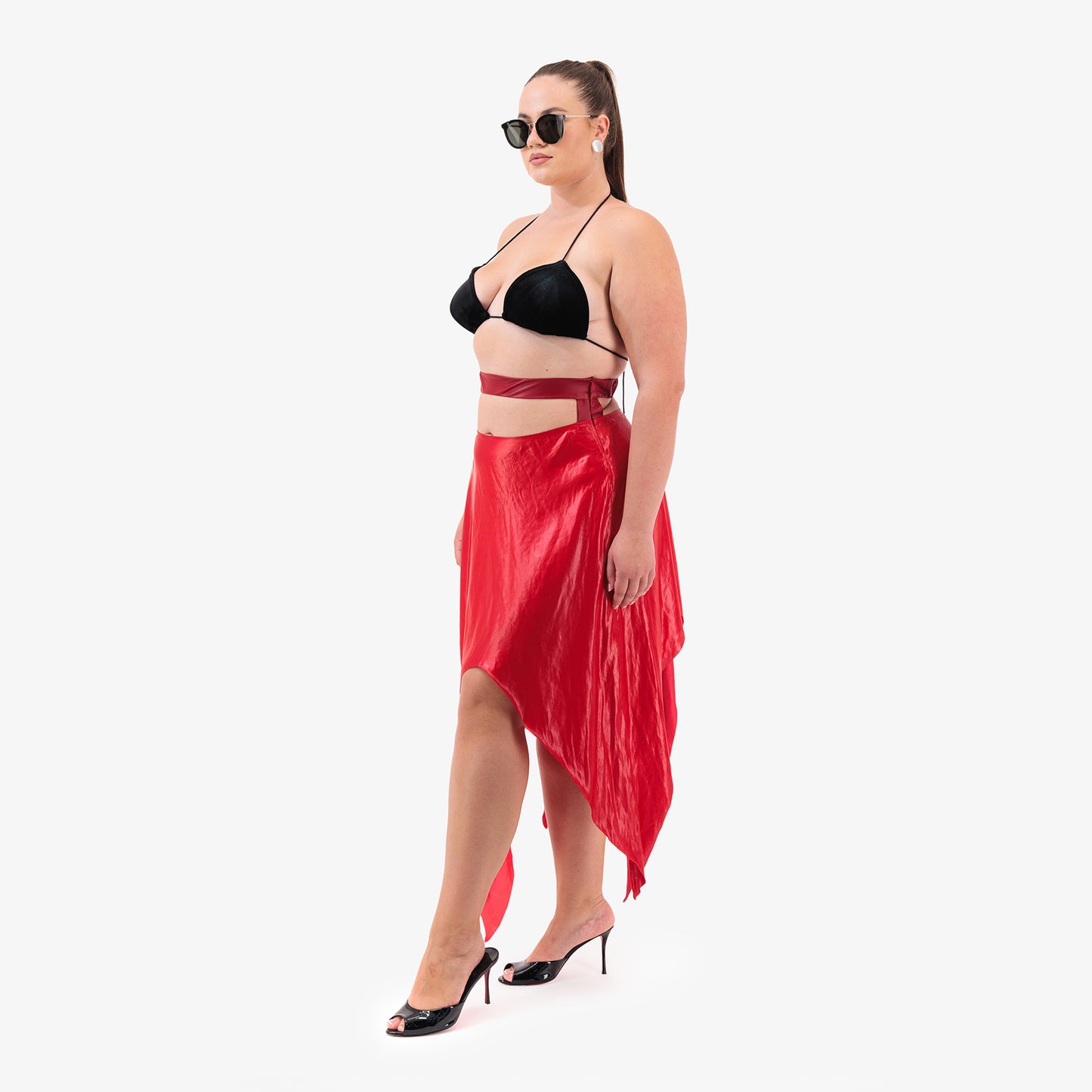 Satin Cut Out  Maxi Skirt in Red