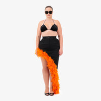 Black Denim Asymmetrical Orange Feather Trim Skirt