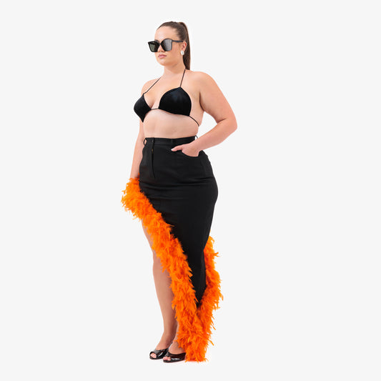 Black Denim Asymmetrical Orange Feather Trim Skirt