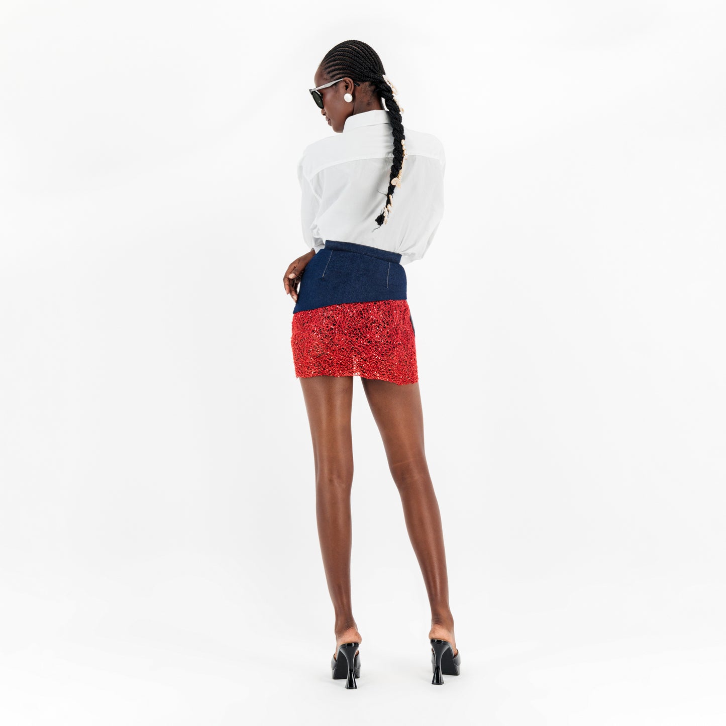 Mini-jupe en denim et dentelle rouge