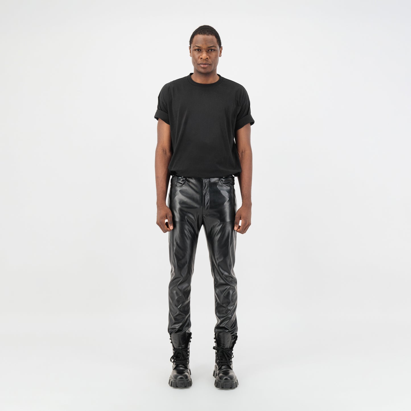 ÚCHÈ Tailored Faux Leather Pants with Metallic Detailing