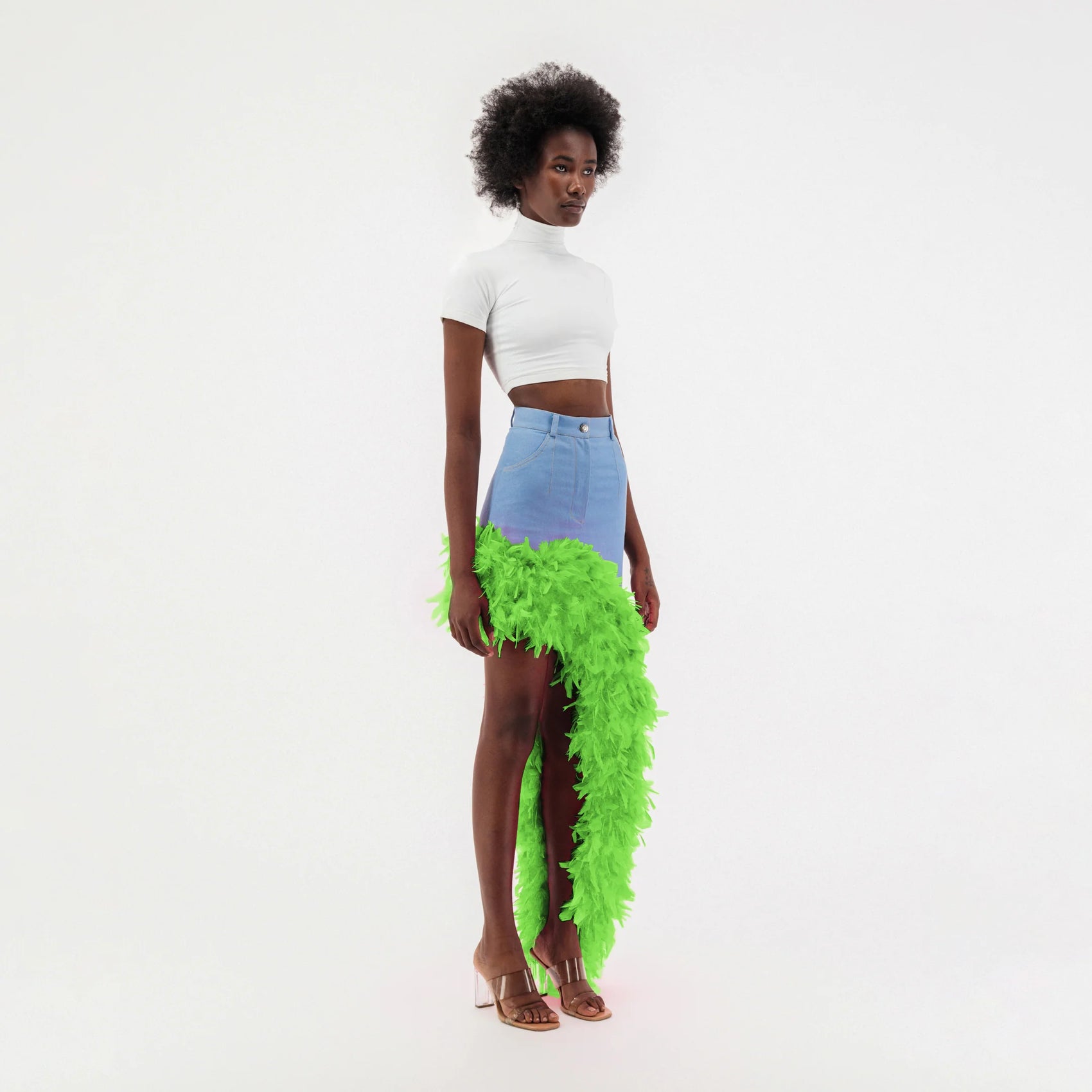Washed Blue Denim Asymmetrical Green Feather Trim Skirt