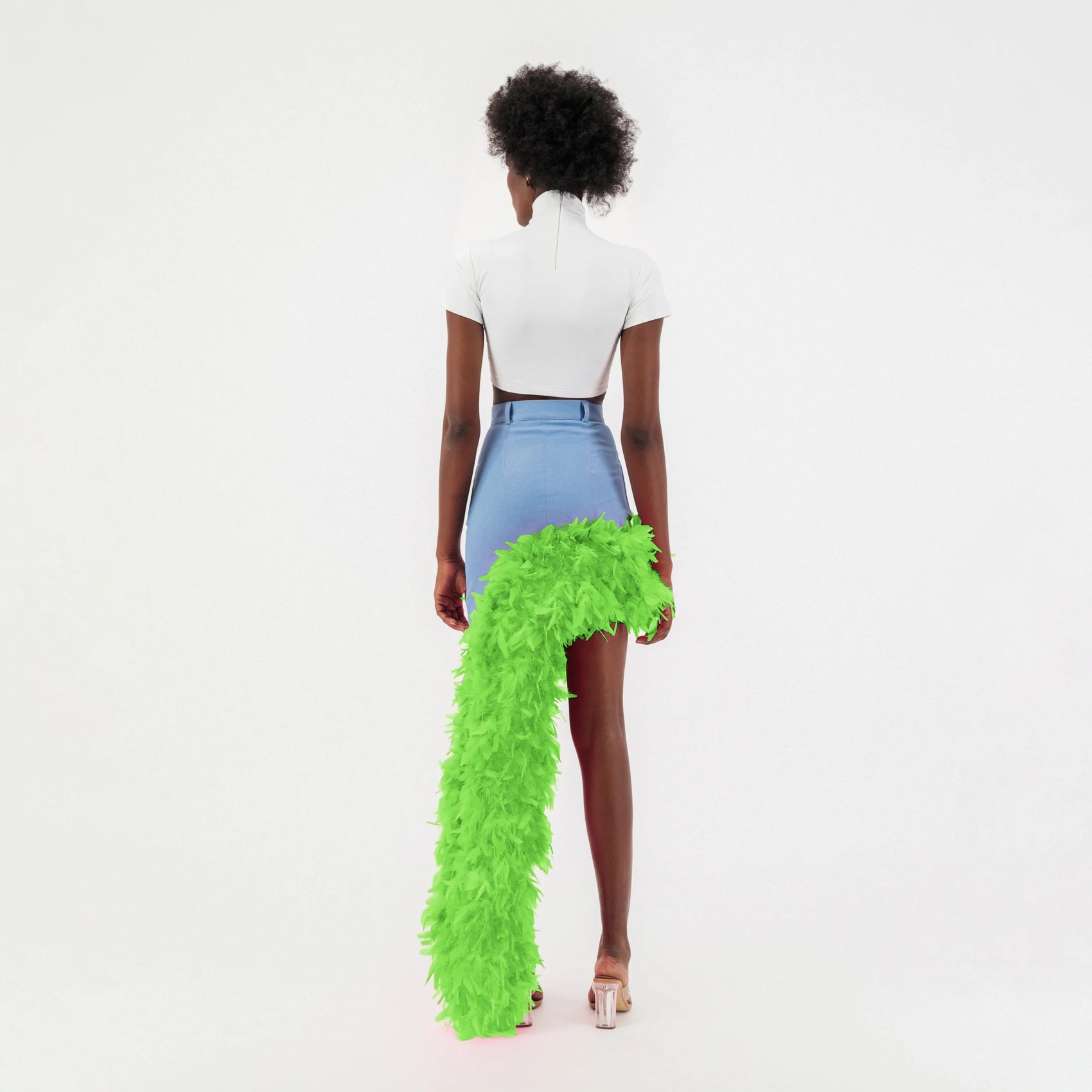 Washed Blue Denim Asymmetrical Green Feather Trim Skirt
