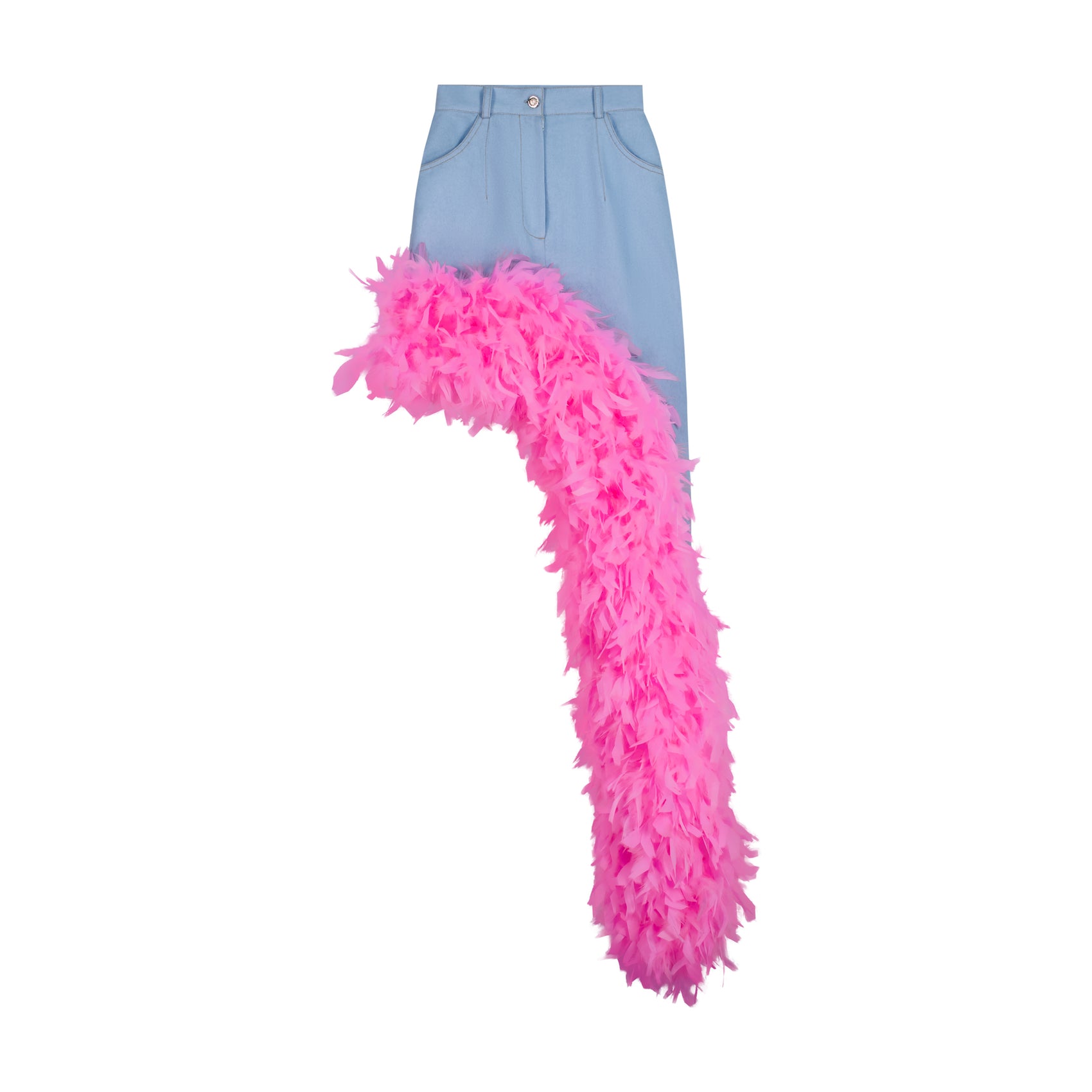 Washed Blue Denim Asymmetrical Pink Feather Trim Skirt