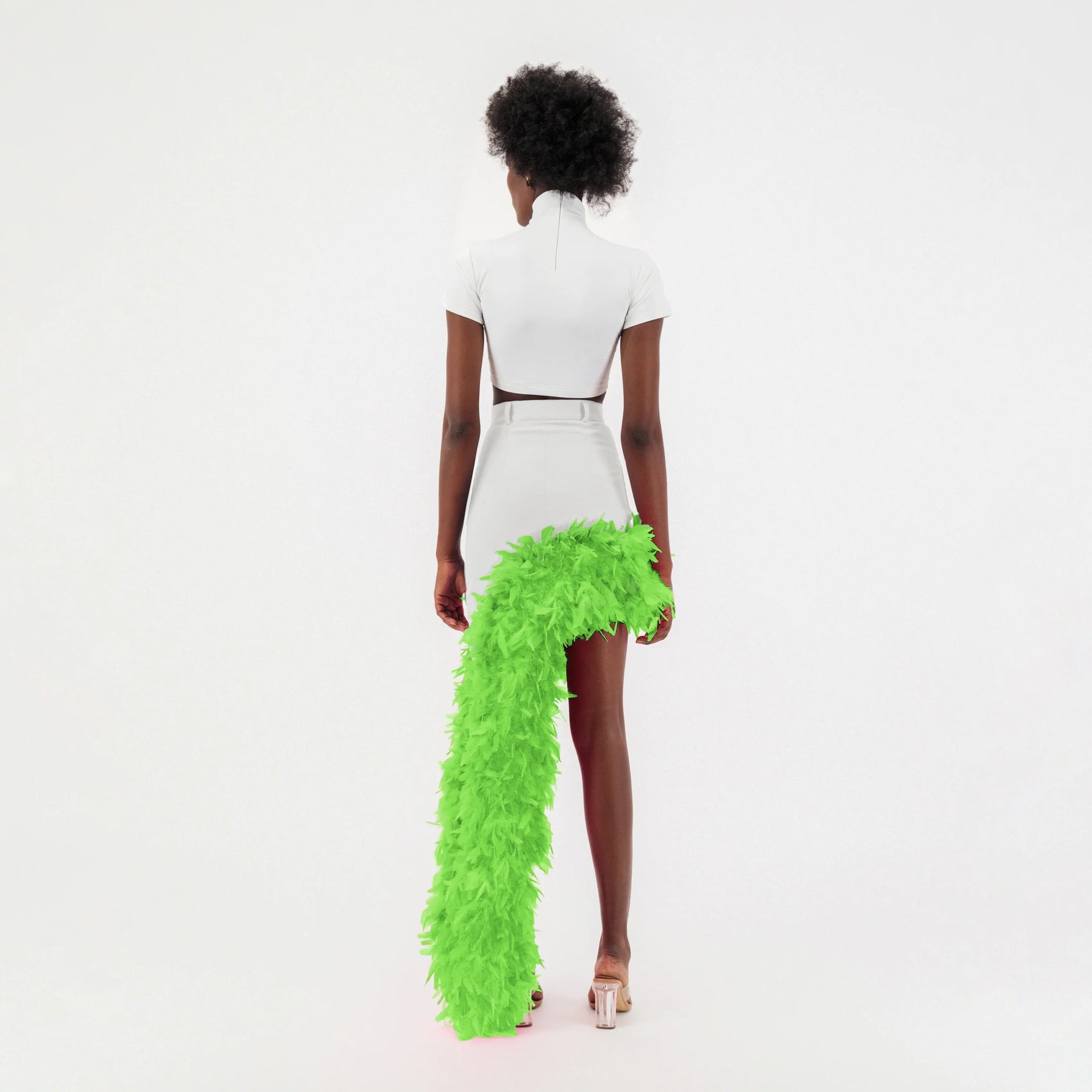 White Denim Asymmetrical Green Feather Trim Skirt