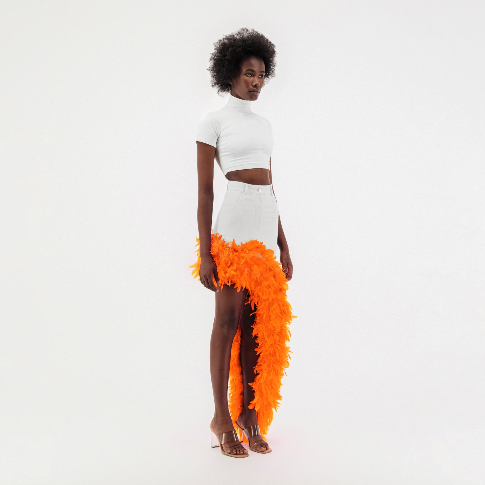 White Denim Asymmetrical Orange Feather Trim Skirt