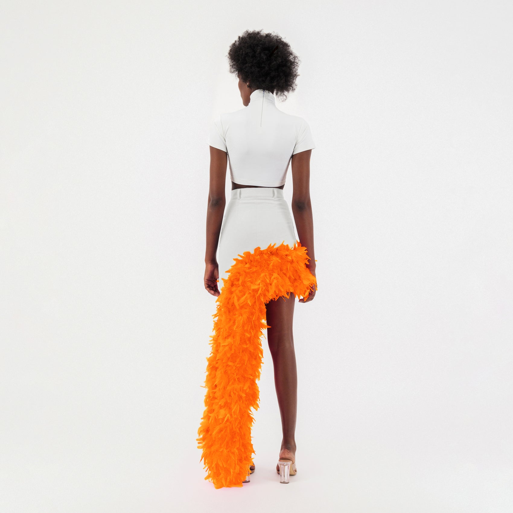 White Denim Asymmetrical Orange Feather Trim Skirt